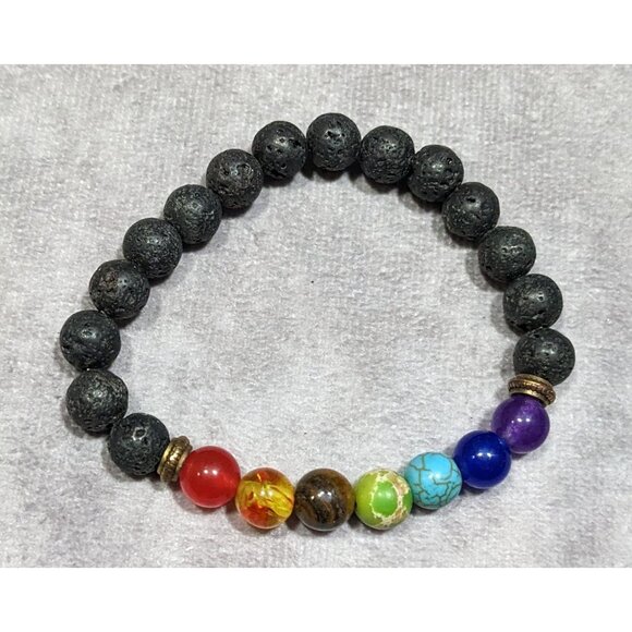Chakra Rainbow Gemstone And Volcanic Rock Beaded Stretch Bracelet - Picture 4 of 4